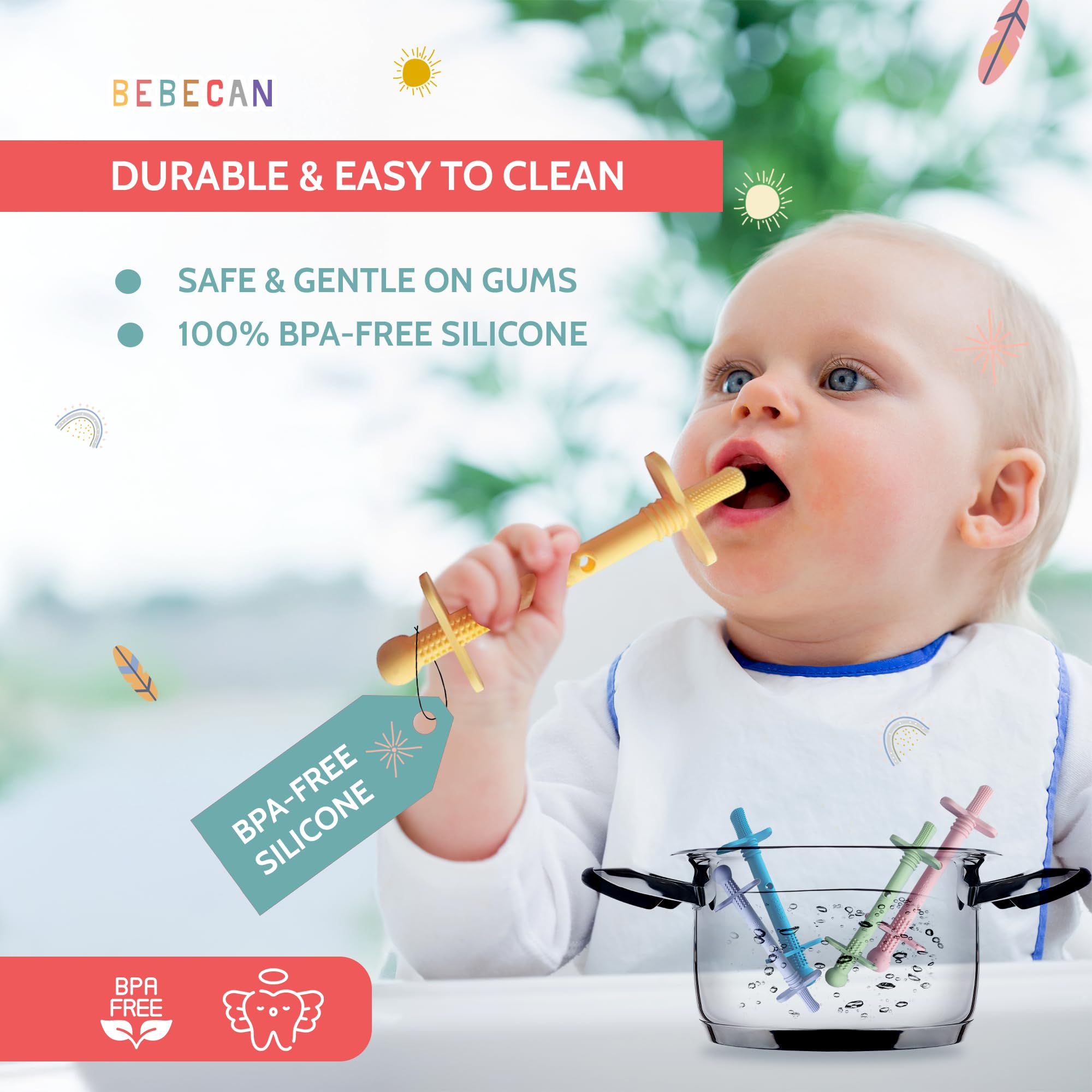 Bebecan teether clips attach securely to teething tubes for quick access.
