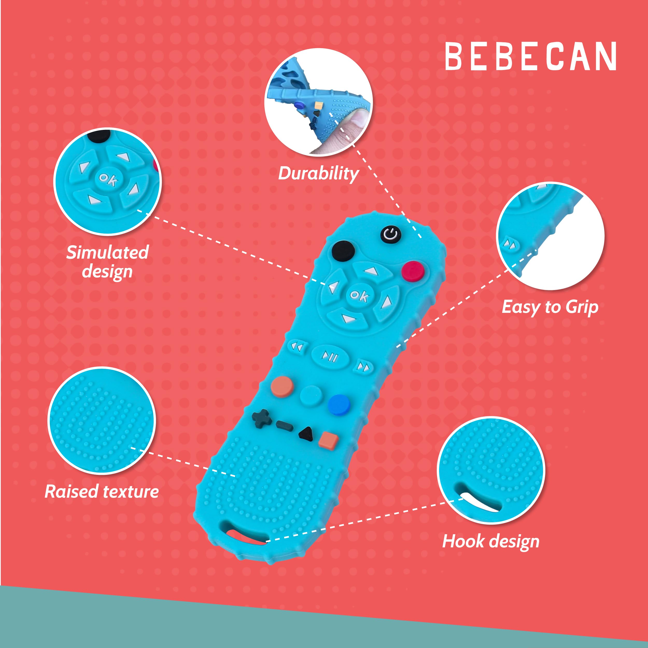 BEBECAN teether remote blue back design, shapes for early sensory exploration.