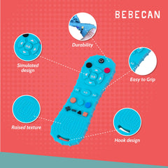 BEBECAN teether remote blue back design, shapes for early sensory exploration.