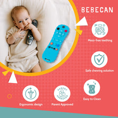 BEBECAN teether remote blue close-up silicone, BPA-free safety for baby mouthing.