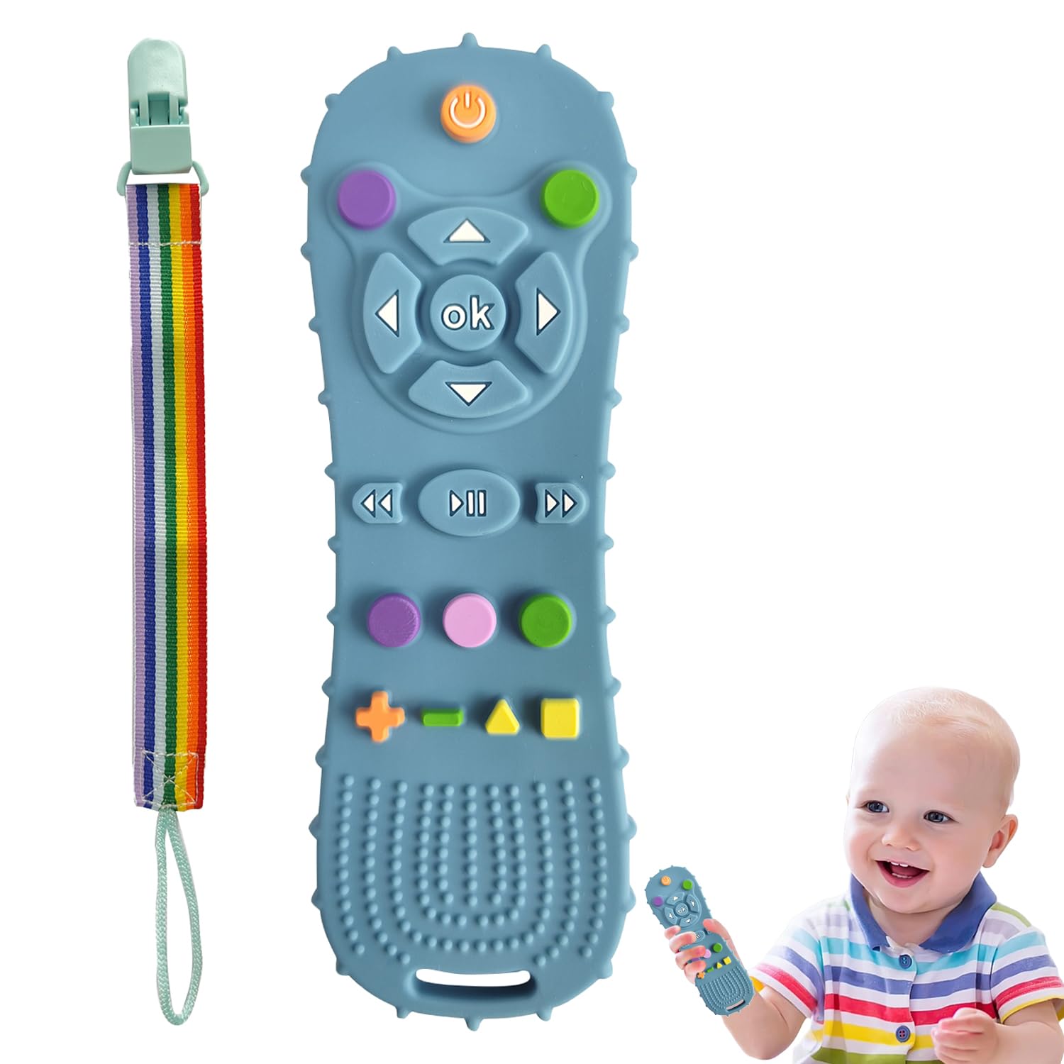 BEBECAN teether remote blue front view, soothing silicone chew for infant teething comfort.