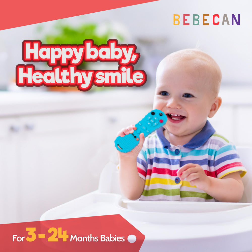 BEBECAN teether remote blue playtime learning scene, engaging interactions for toddlers.