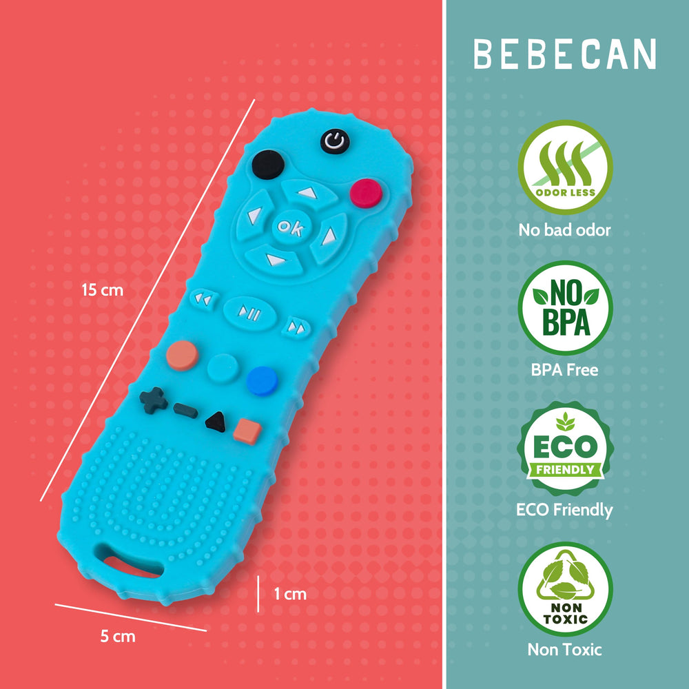 BEBECAN teether remote blue sterilization-dishwasher-safe surface, easy cleaning.