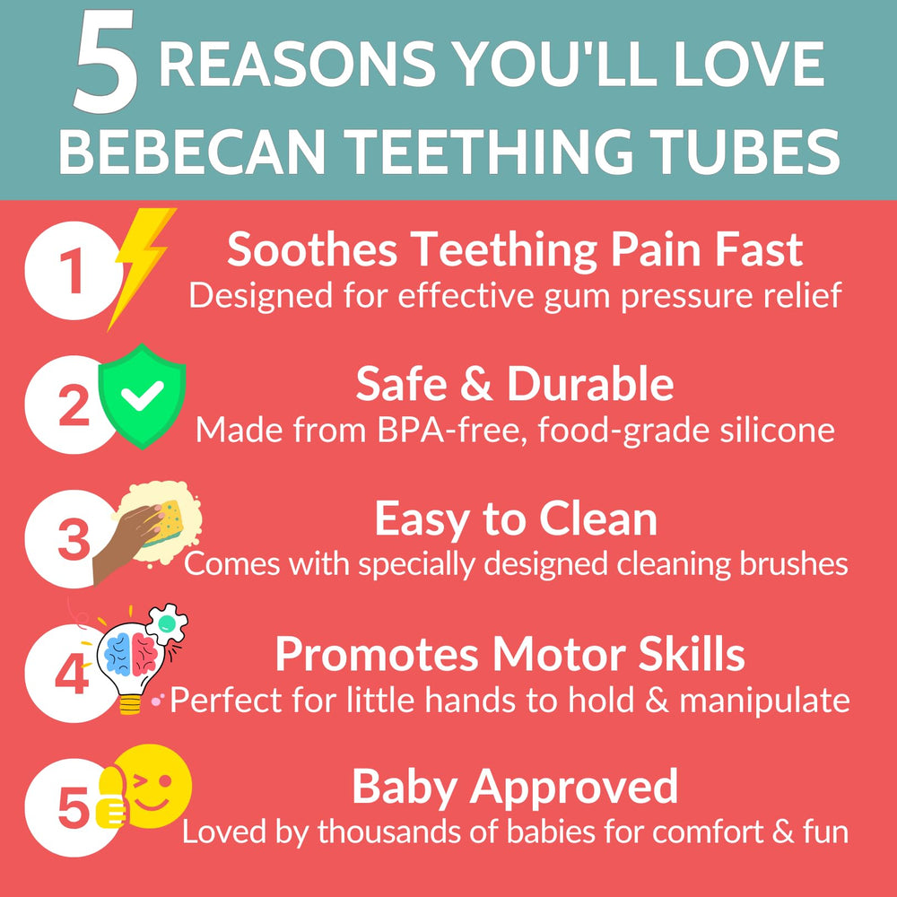 BEBECAN Teething Sticks back-molars area highlights soothing relief during teething sessions.