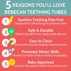 BEBECAN Teething Sticks back-molars area highlights soothing relief during teething sessions.