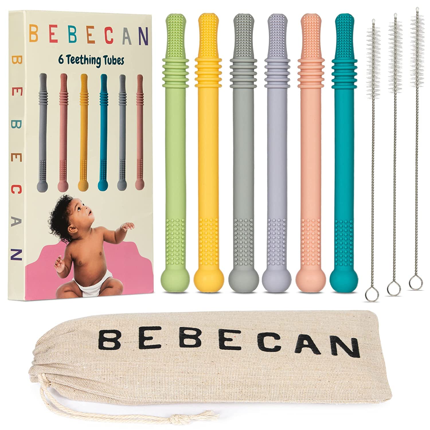BEBECAN Teething Sticks multicolor 6-pack offers gentle gum relief for little eaters.
