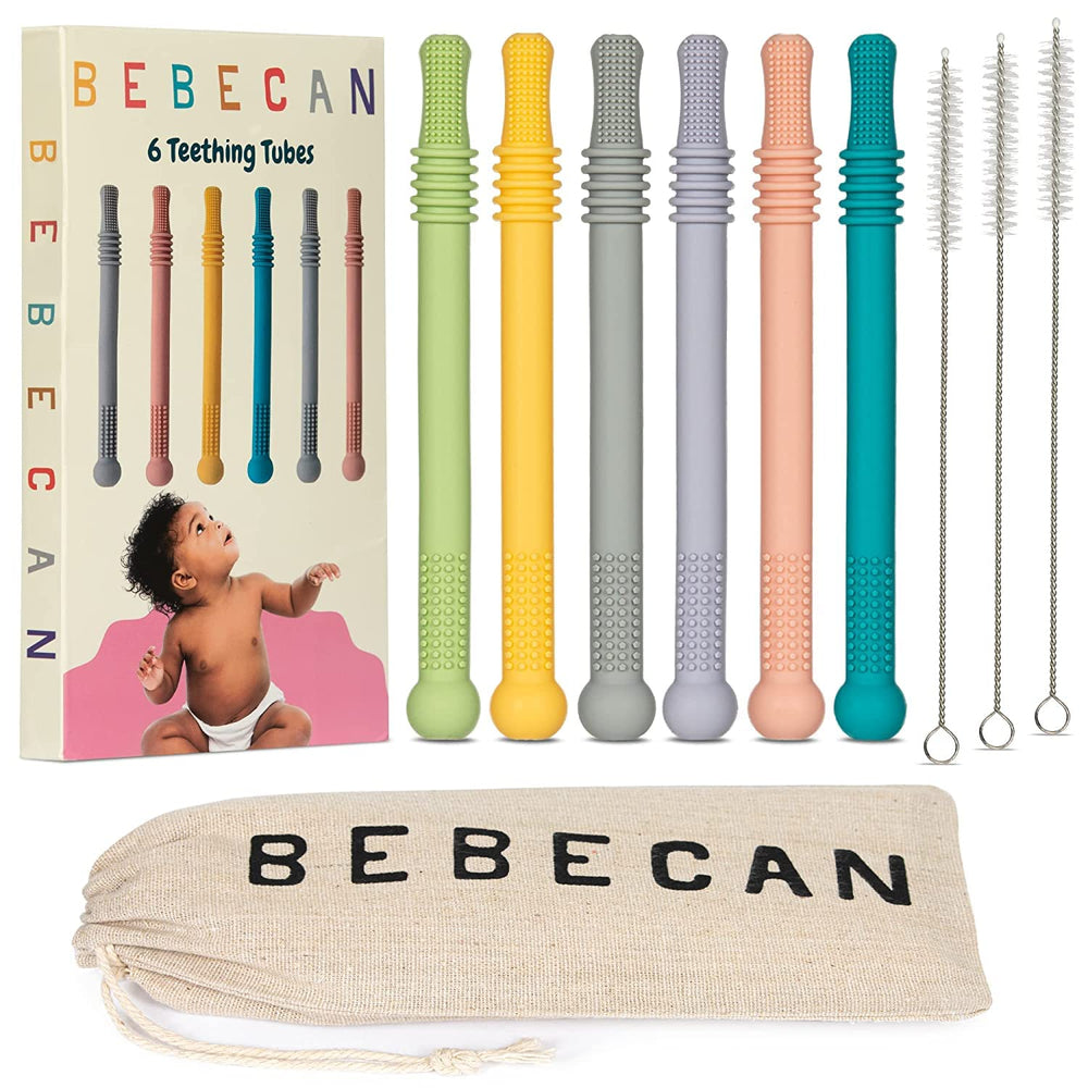 BEBECAN Teething Sticks multicolor 6-pack offers gentle gum relief for little eaters.