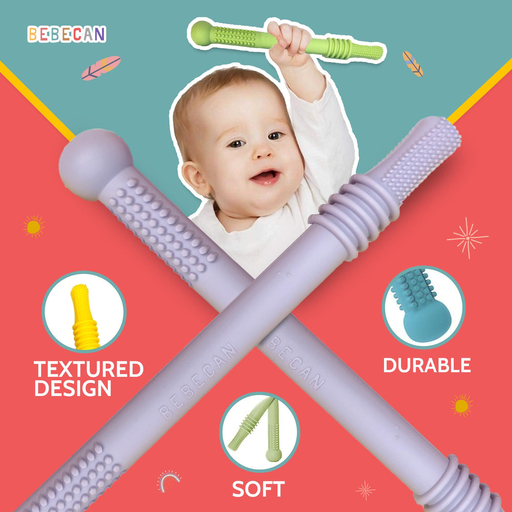 BEBECAN Teething Sticks soft-silicone material emphasizes gentle texture for infant gums.