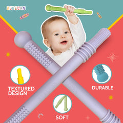 BEBECAN Teething Sticks soft-silicone material emphasizes gentle texture for infant gums.