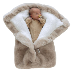 Bebeezoo warm swaddle blanket plush inside beige keeps baby cozy from head to toe