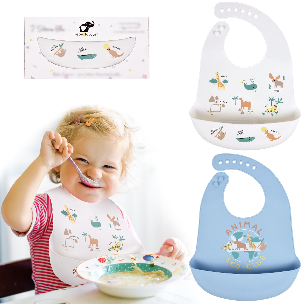 BEBE FAVOUR white giraffe bib on table catching crumbs for quick cleanup.