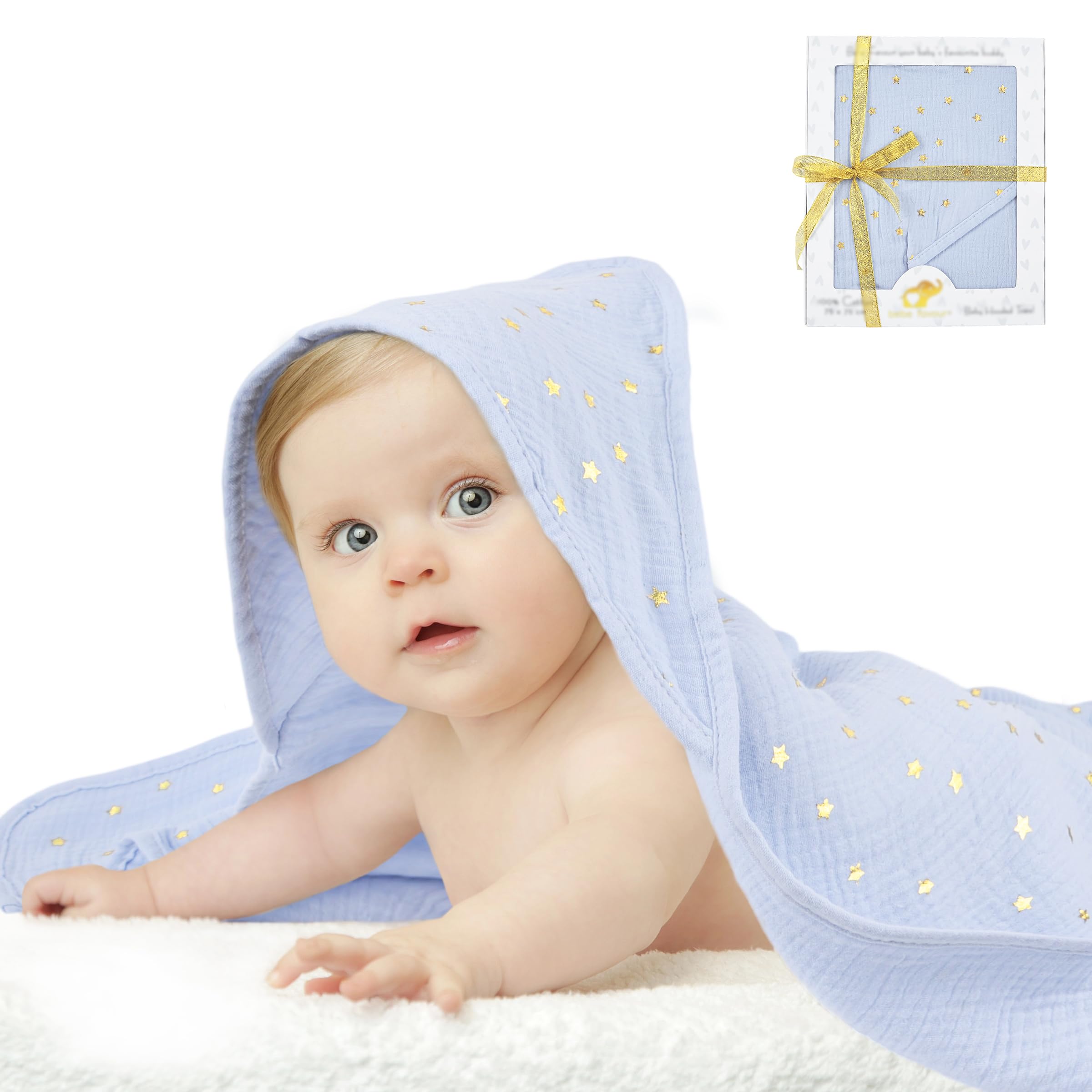 BEBE FAVOUR hooded towel blue star pattern dries baby after bath.