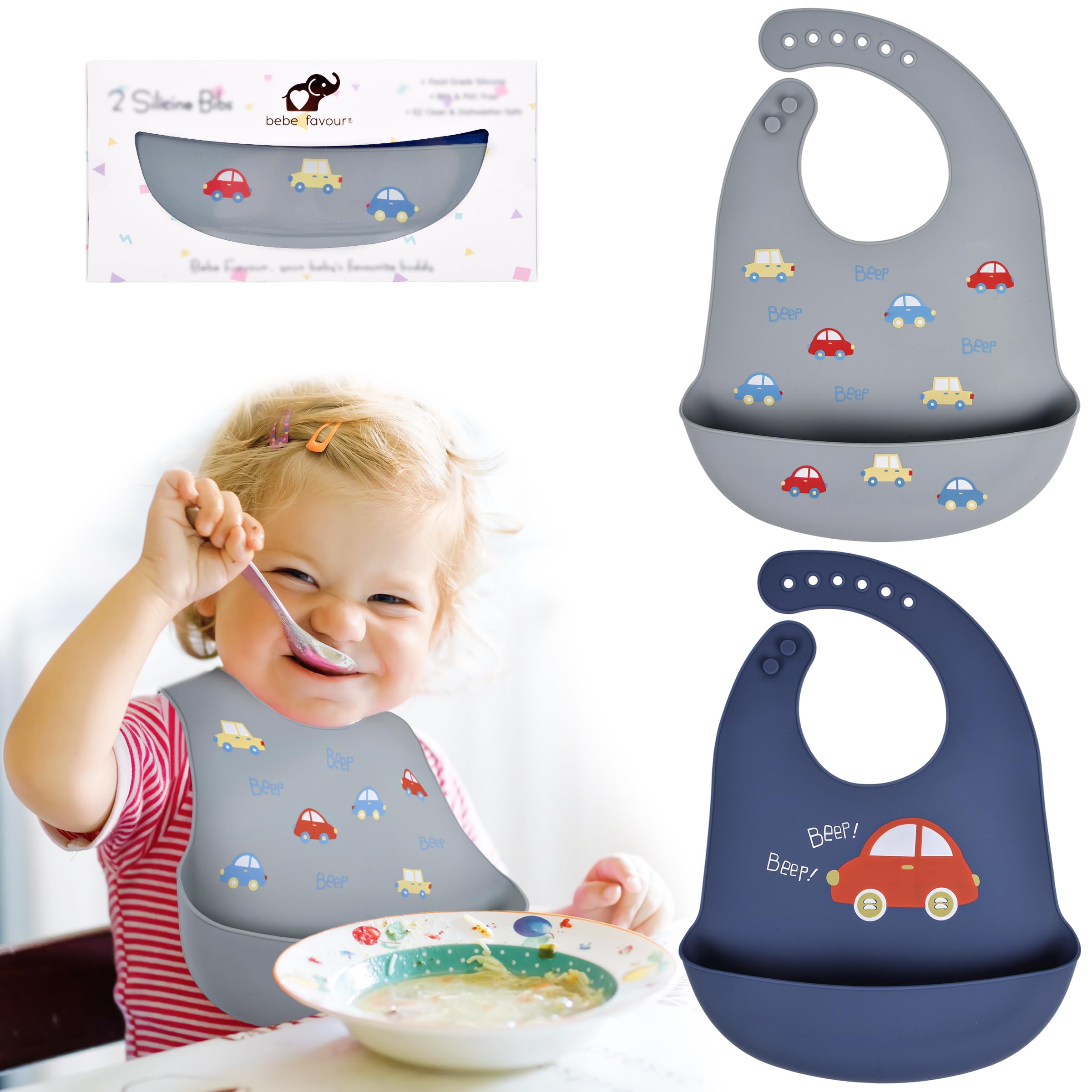BEBE FAVOUR silicone bib with dark blue car front pocket keeps meals tidy