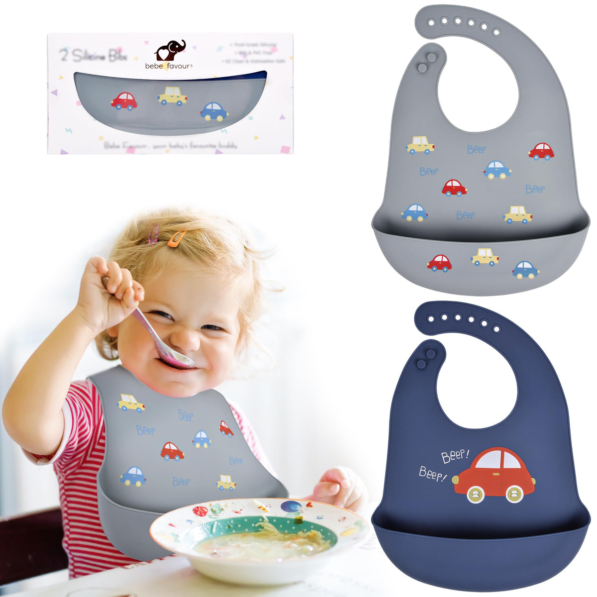 BEBE FAVOUR silicone bib with dark blue car front pocket keeps meals tidy