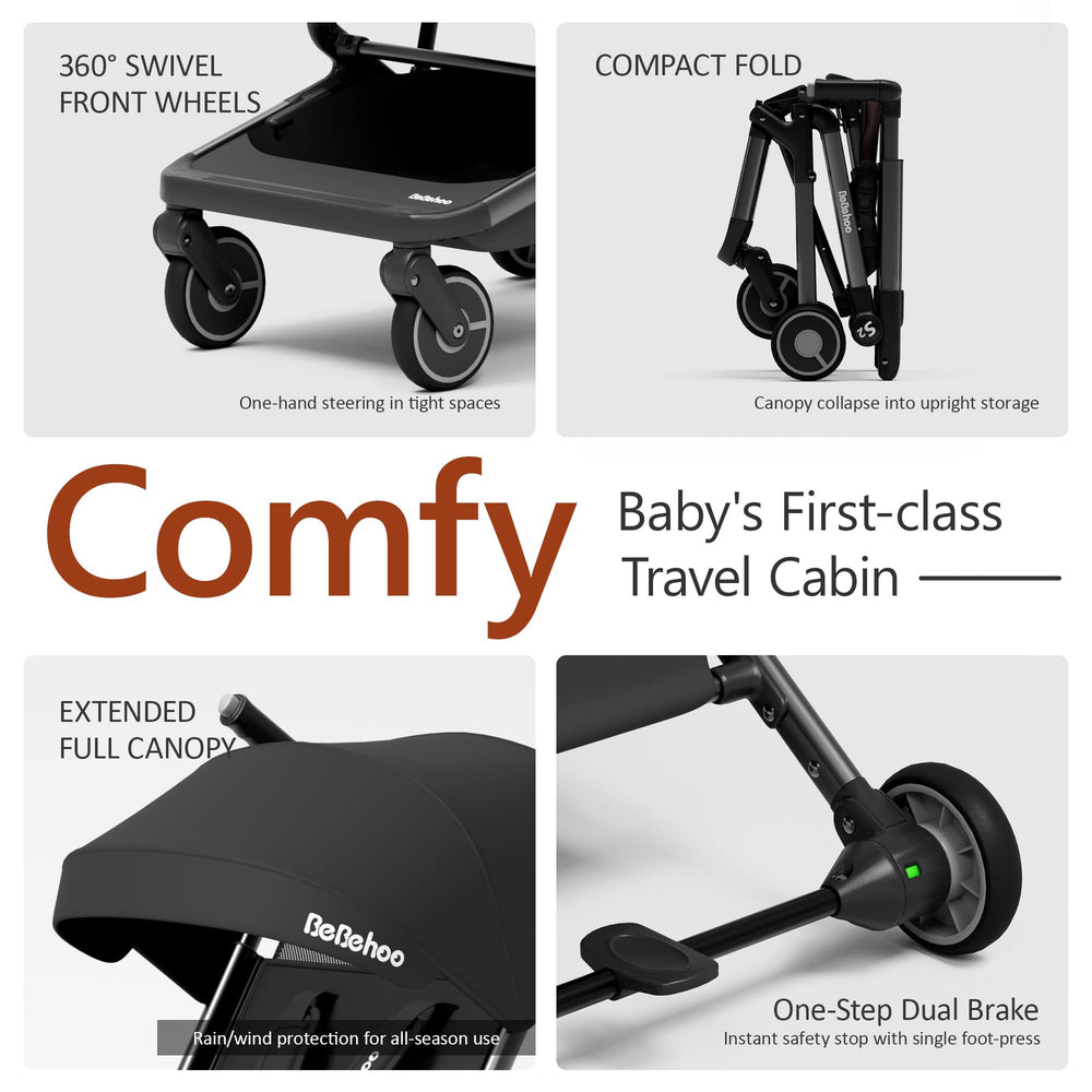 Bebehoo all-terrain wheels enable smooth rides on uneven surfaces.