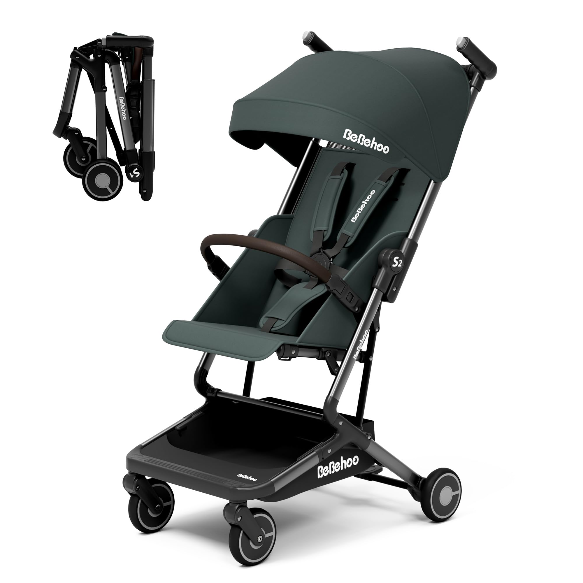 Bebehoo folded stroller compactly saves trunk space for travel.