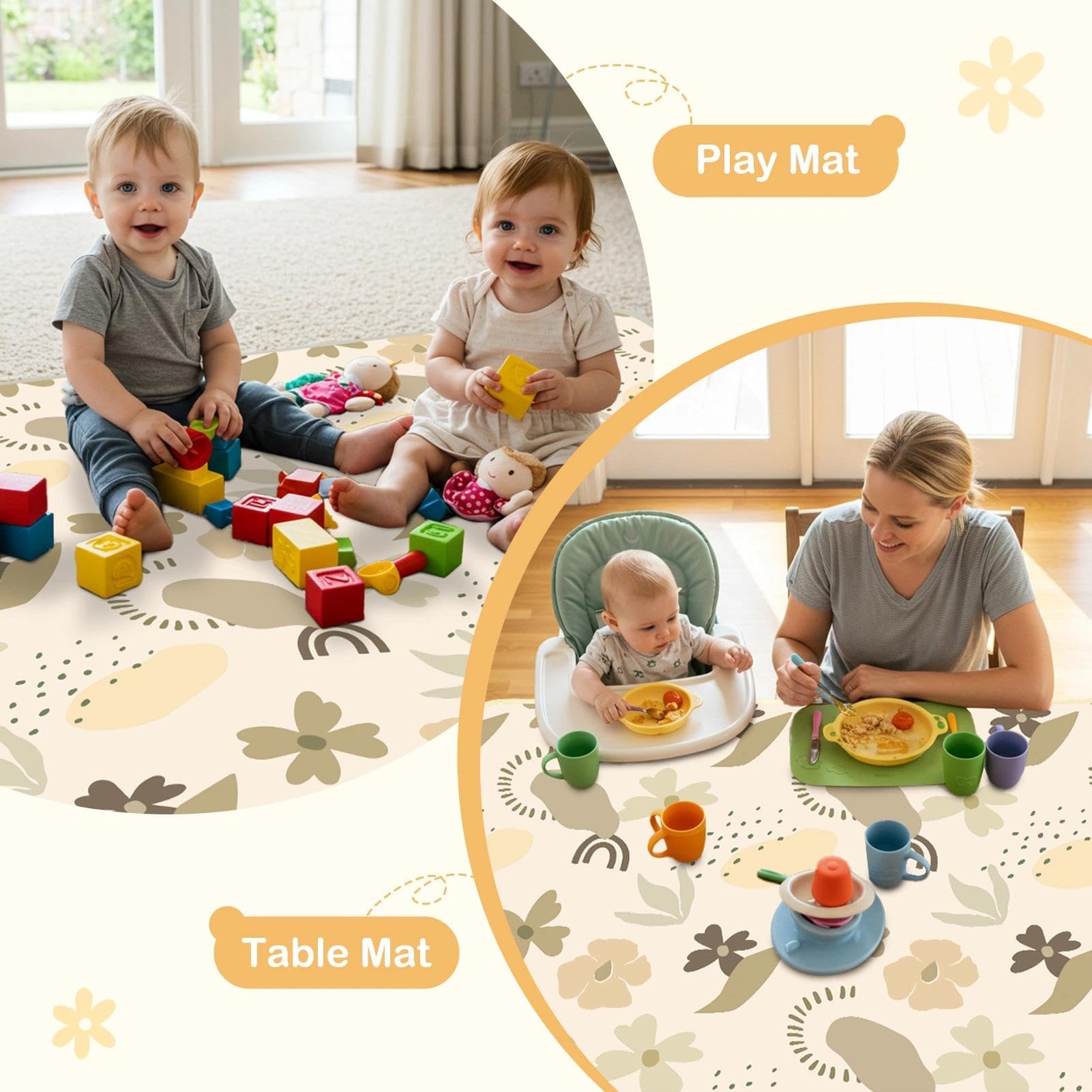 BeBeJoJo splat mat large 42x42 coverage under high chair.