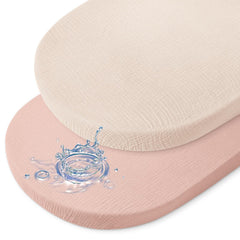 BeBeJoJo bassinet sheets with muslin top and TPU bottom for a dry, comfy sleep surface