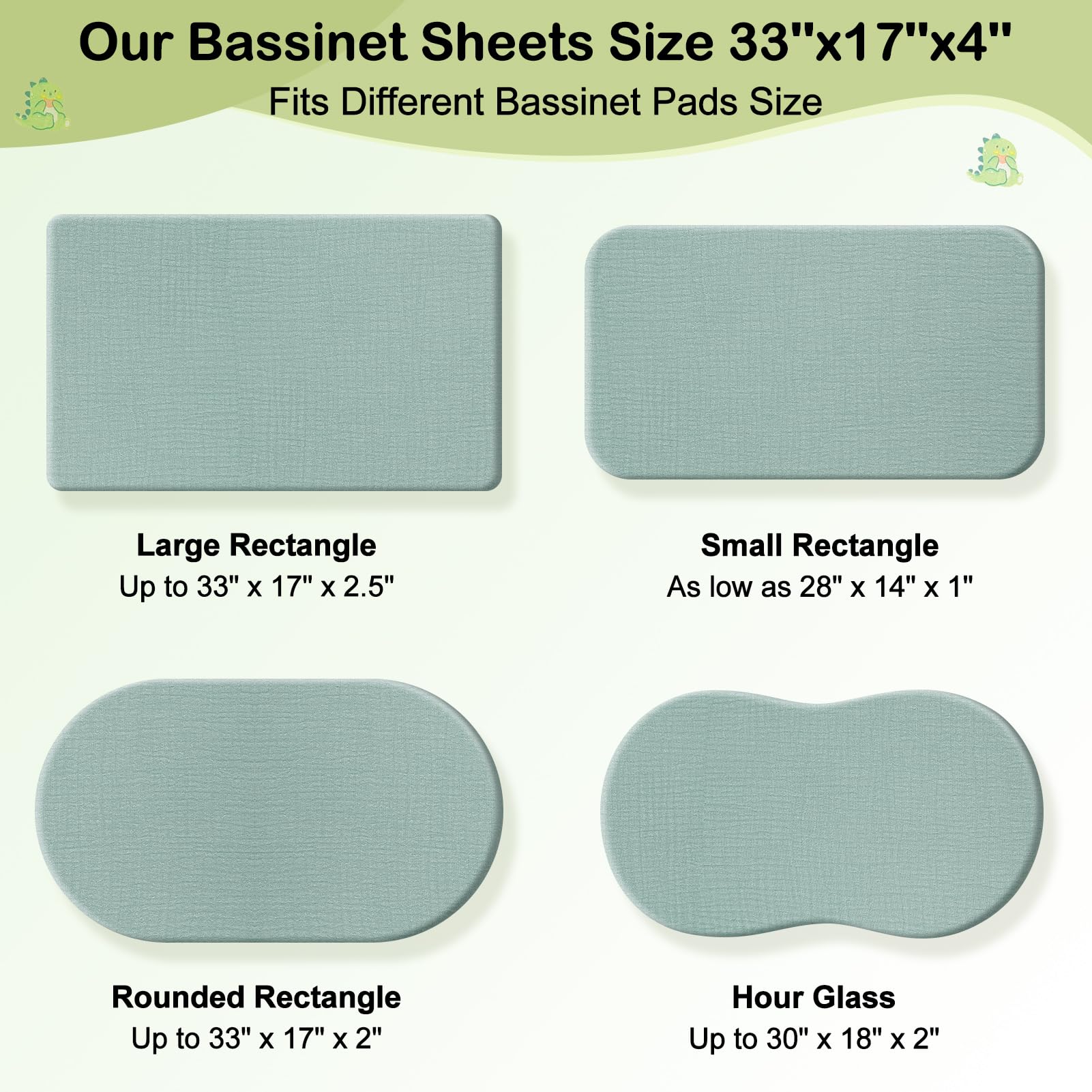 BeBeJoJo bassinet sheets feature green dinosaur design for unisex nursery decor.