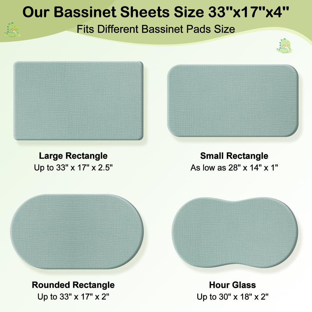 BeBeJoJo bassinet sheets feature green dinosaur design for unisex nursery decor.