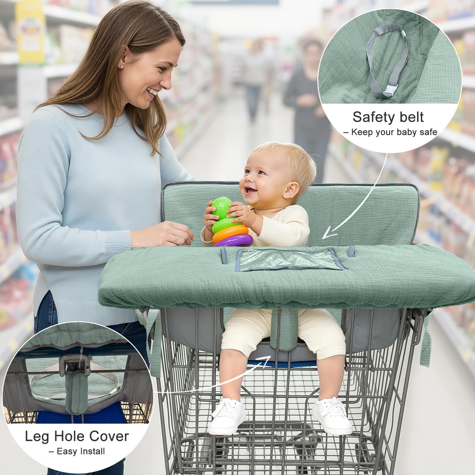 BeBeJoJo muslin cart cover extended-straps securing to various cart handles
