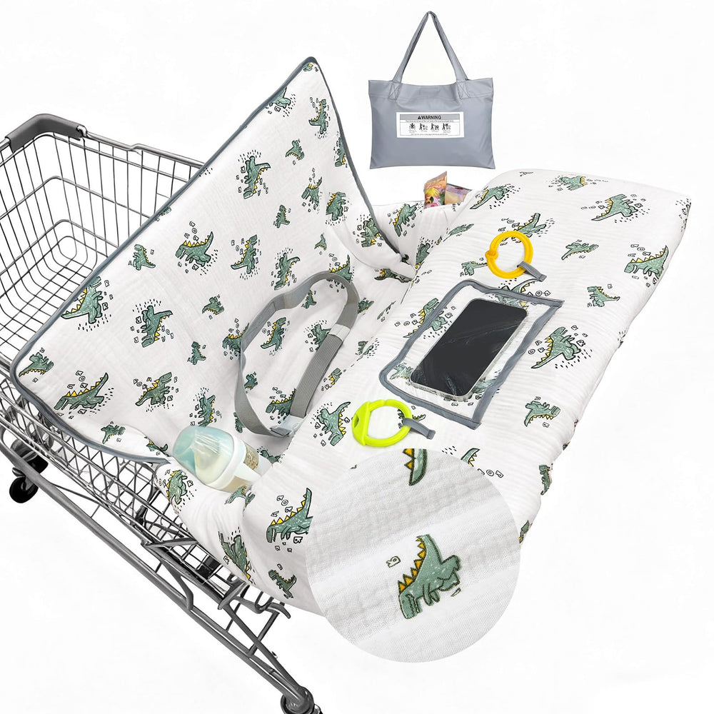 BeBeJoJo Muslin Shopping Cart Cover offers handle coverage for a cleaner, safer shopping ride.