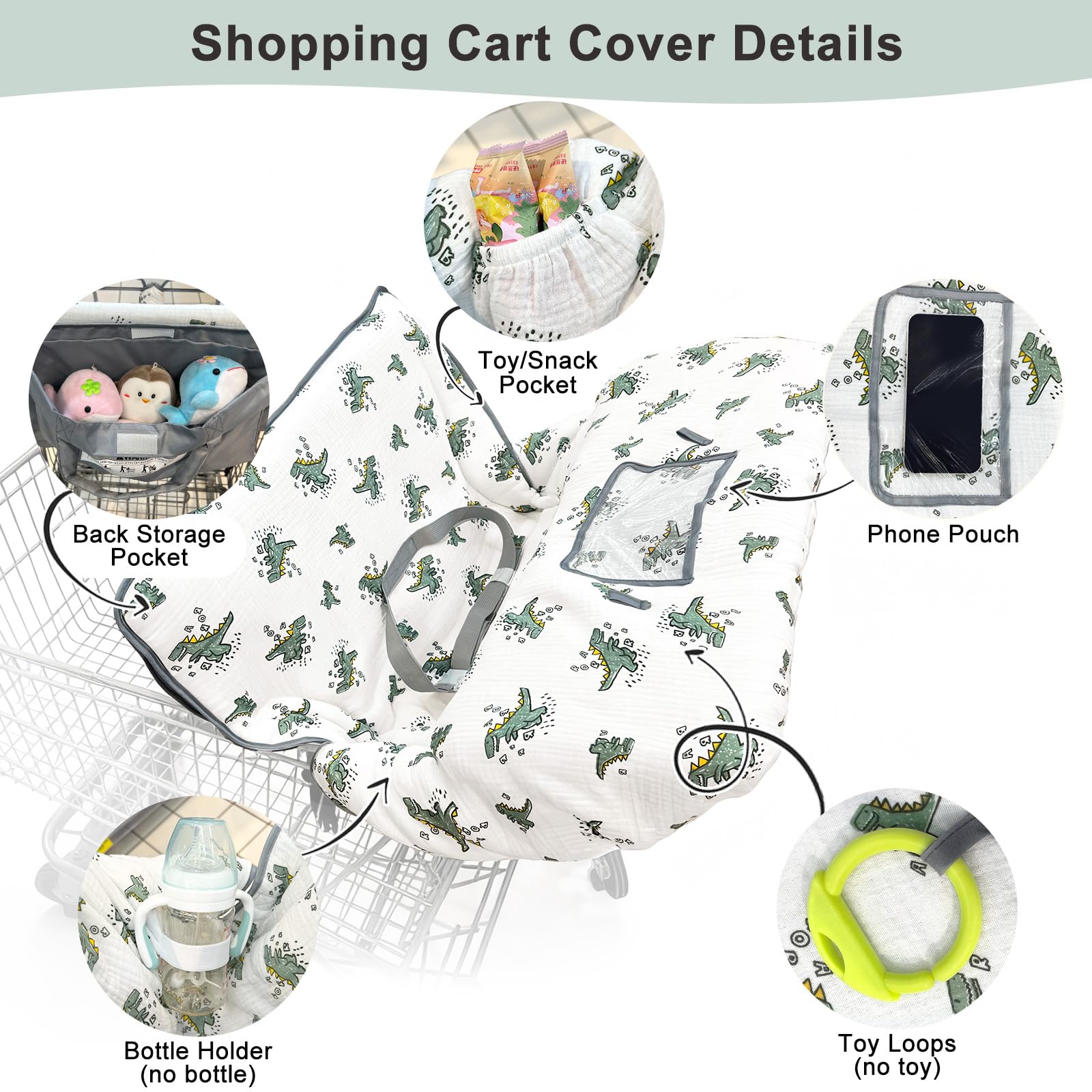 BeBeJoJo Muslin Shopping Cart Cover has side pocket and elastic band for snacks and bottles.