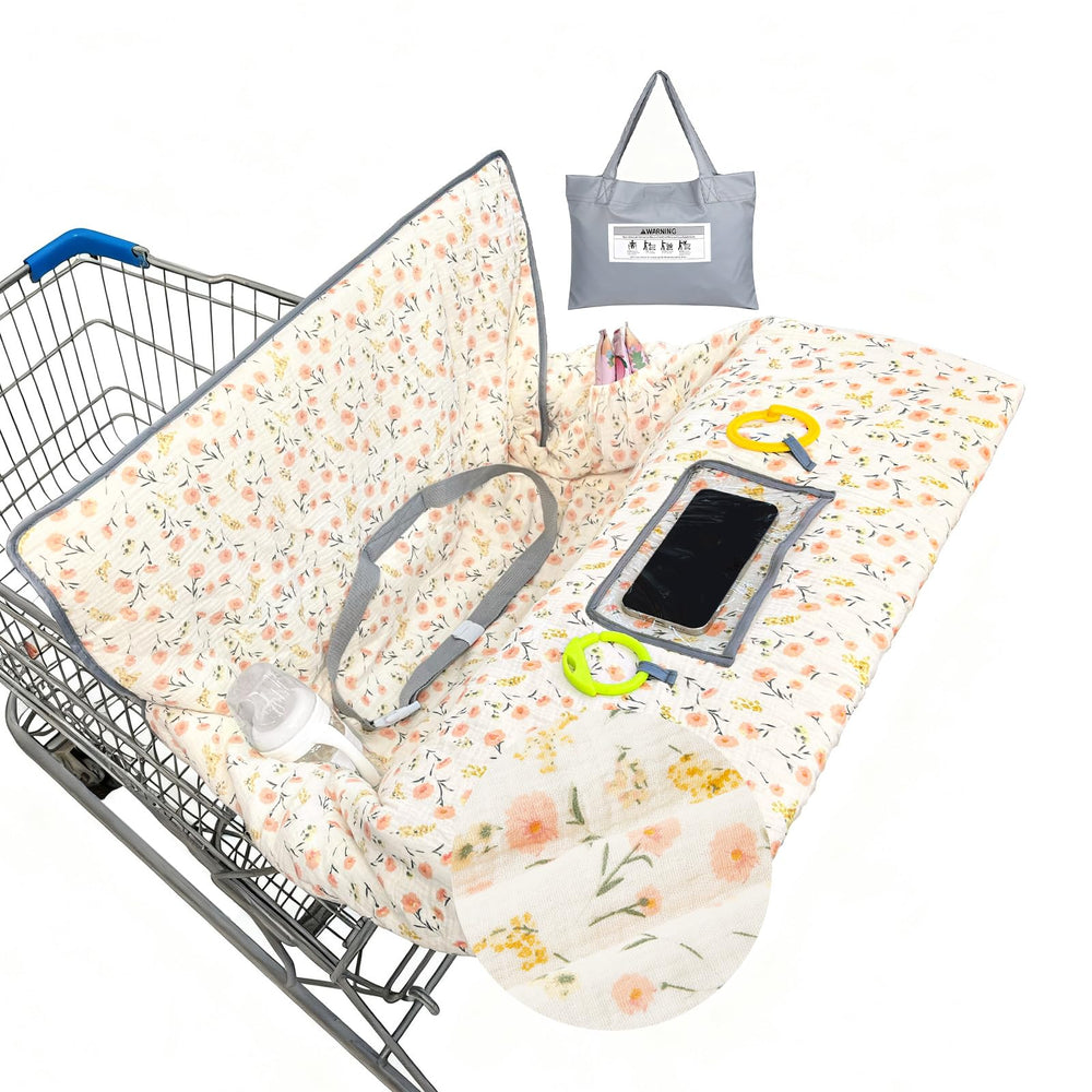 BeBeJoJo Muslin shopping cart cover—soft fabric for gentle baby comfort during outings.