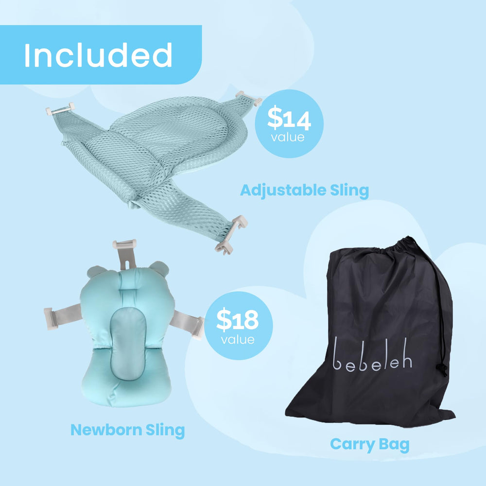 BEBELEH baby bath sling cradling infant during bath time.