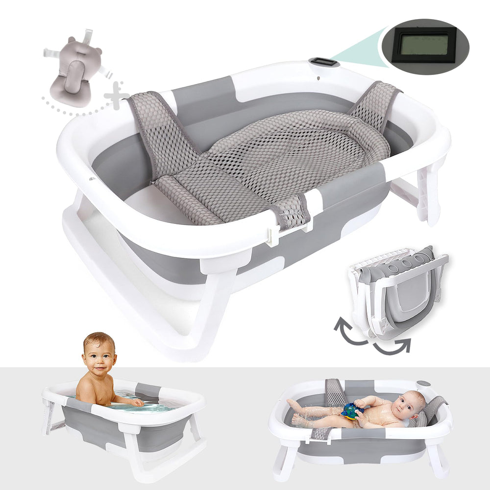 Bebeleh collapsible baby tub thermometer enables safe bath temperature checks.