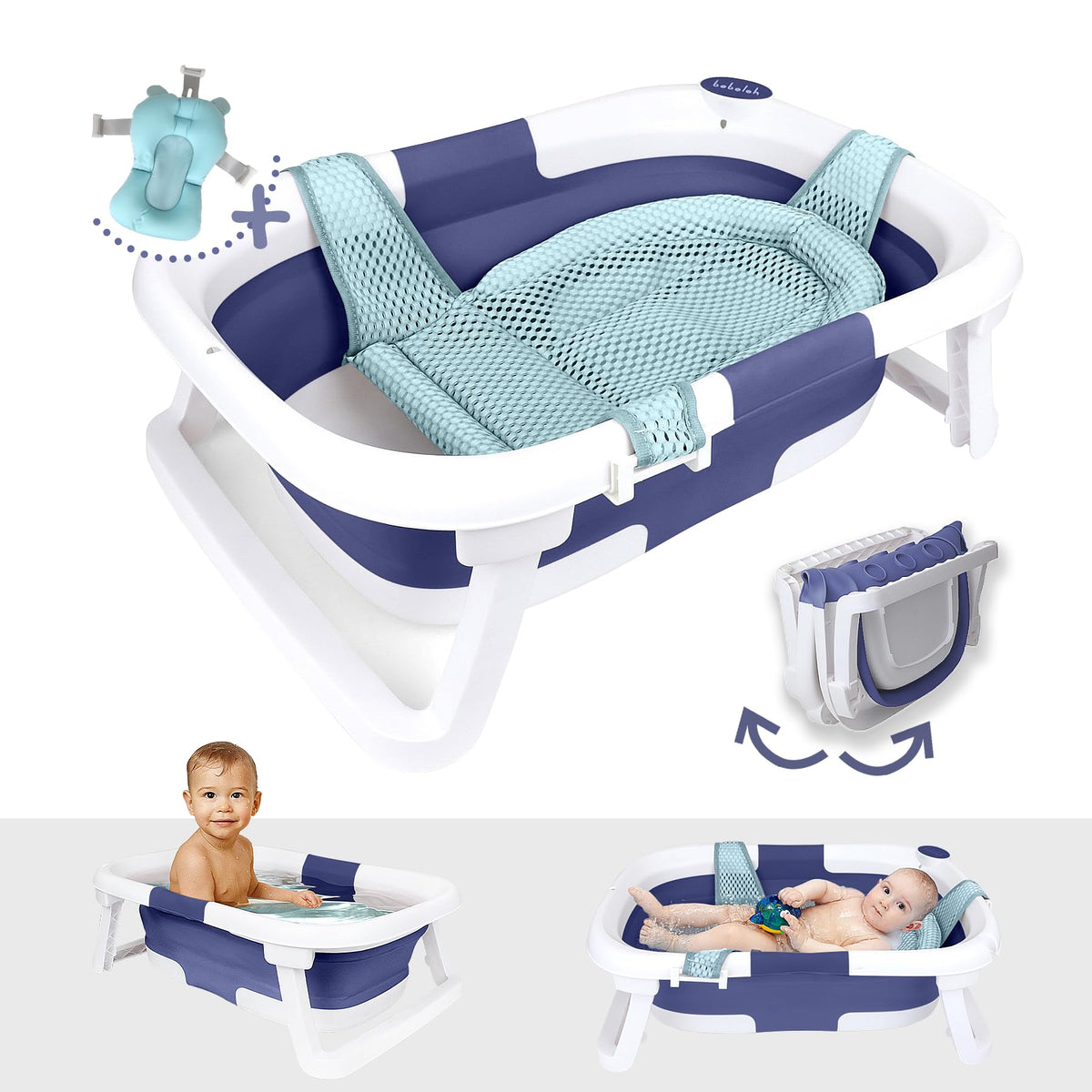 BEBELEH collapsible bathtub folded for compact storage after bath.