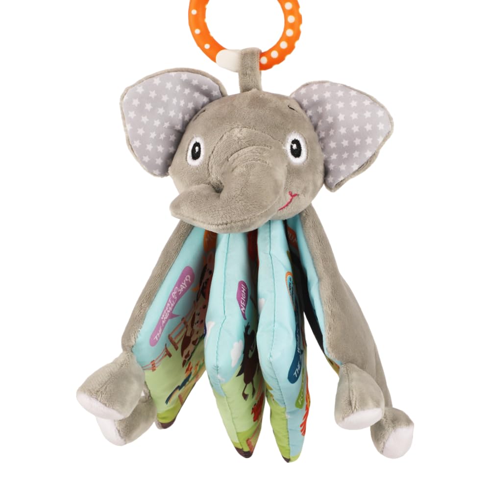 Bebe Mondo Elephant crinkle book pages promote tactile exploration and early vocabulary.