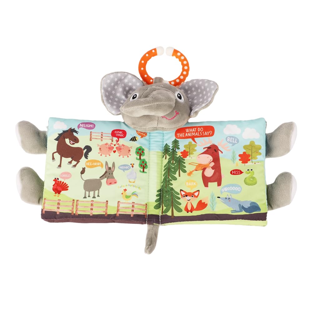 Bebe Mondo soft fabric elephant read-aloud book for baby soothing and bonding.