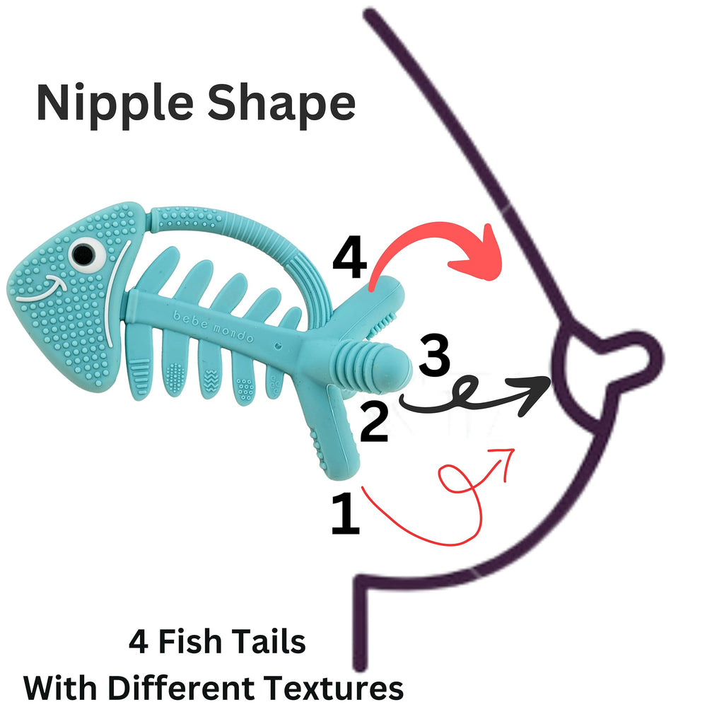 Bebe Mondo fish turquoise bones-detail silicone teether for safe chewing.