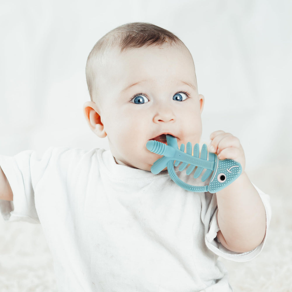 Bebe Mondo fish turquoise dishwasher-safe silicone for easy cleaning.