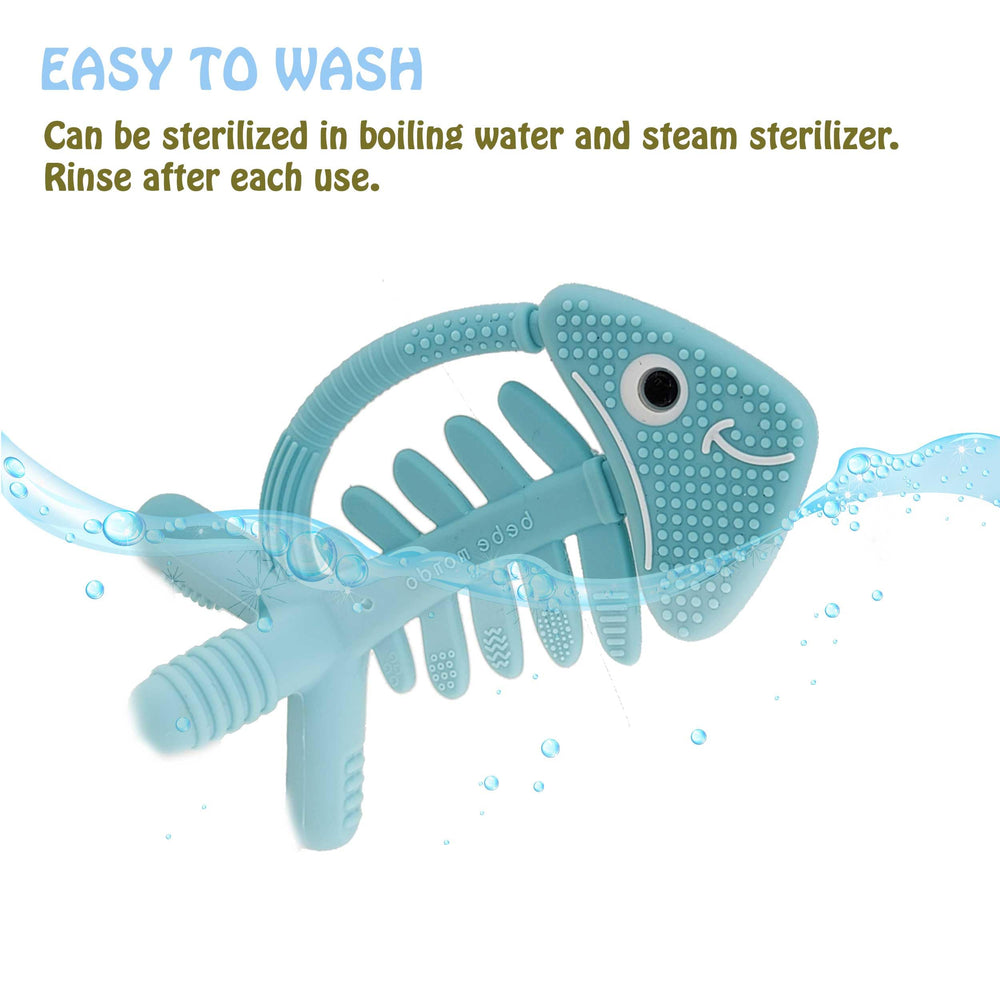 Bebe Mondo fish turquoise tail textures teether supports sensory exploration.