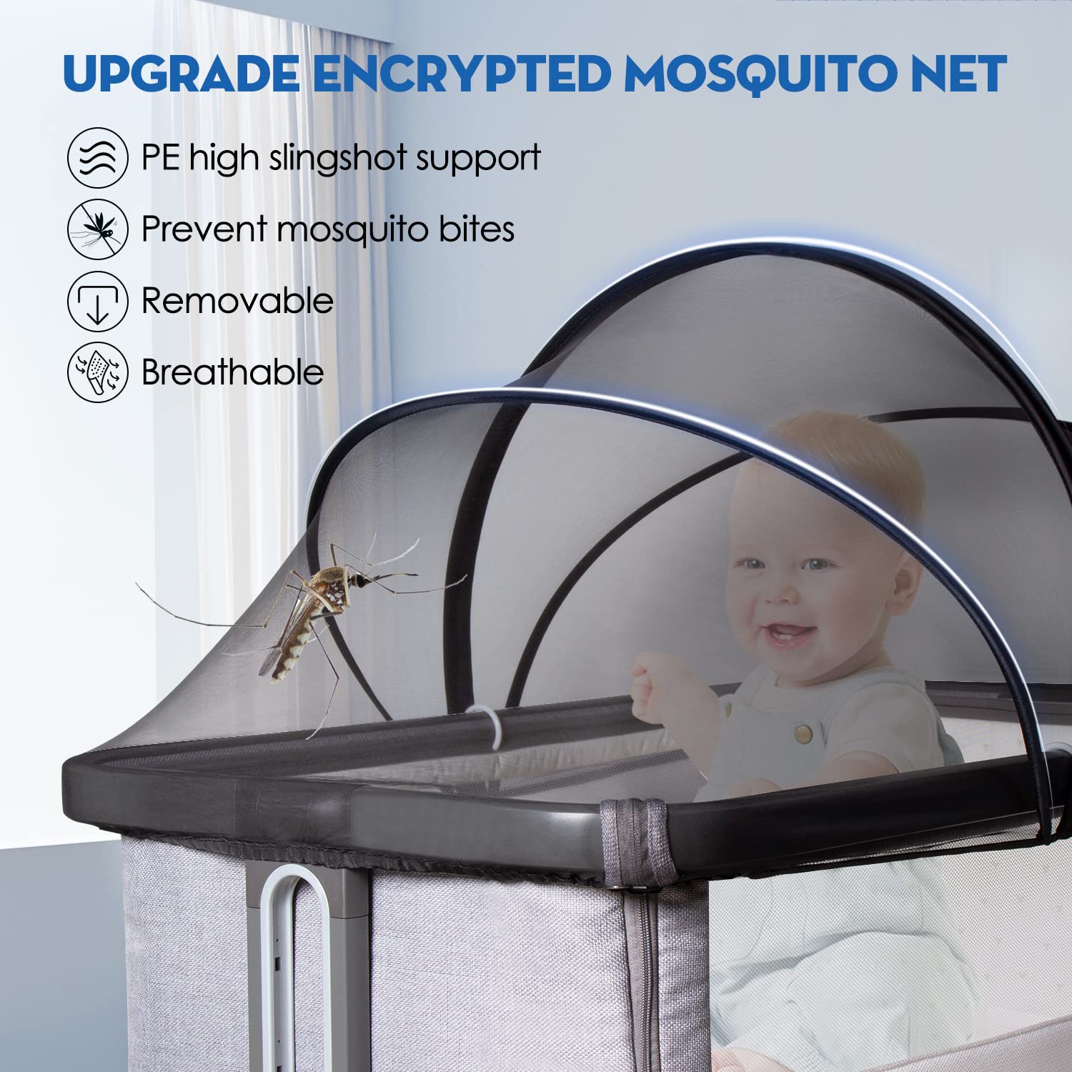 Beberoad Love bassinet net cover showing two-way zipper for easy access