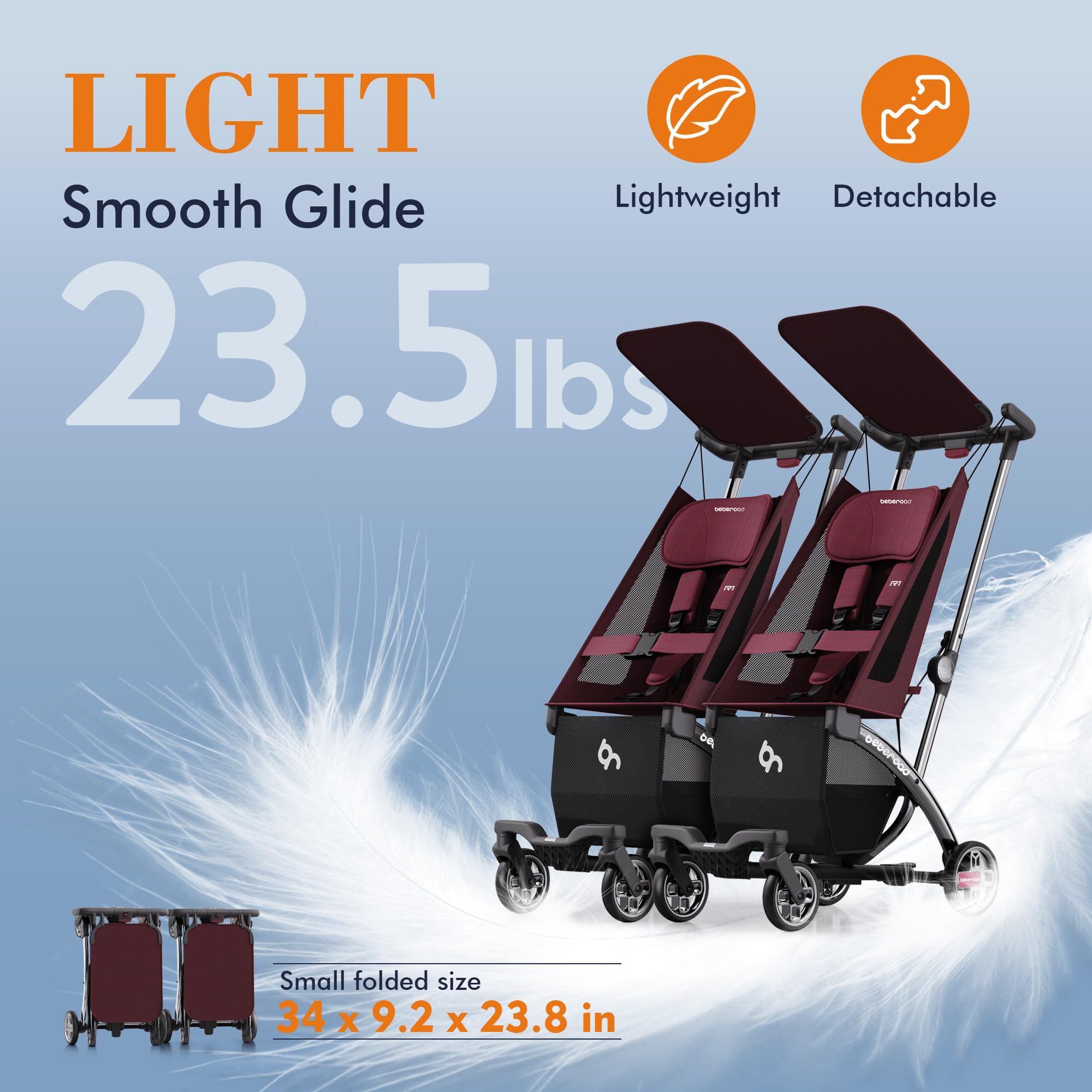 Beberoad Love R1 single-stroller mode enables travel with one child in compact form.