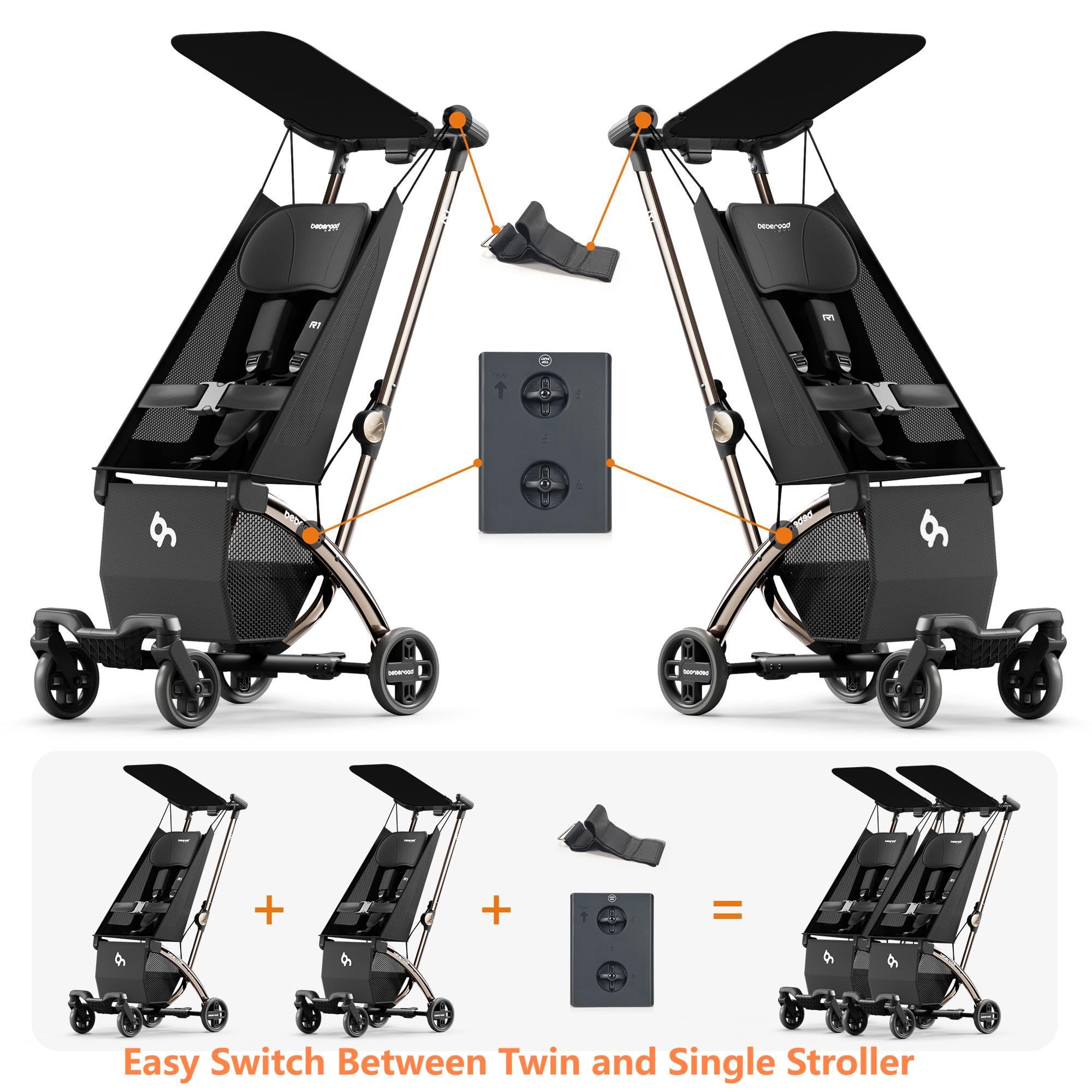 Beberoad Love R1 ultra-light frame highlights 23.5-pound twin stroller for easy handling.