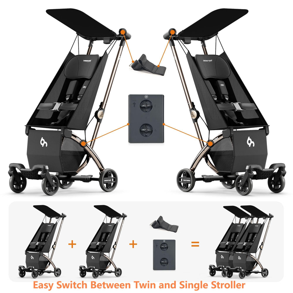 Beberoad Love R1 ultra-light frame highlights 23.5-pound twin stroller for easy handling.