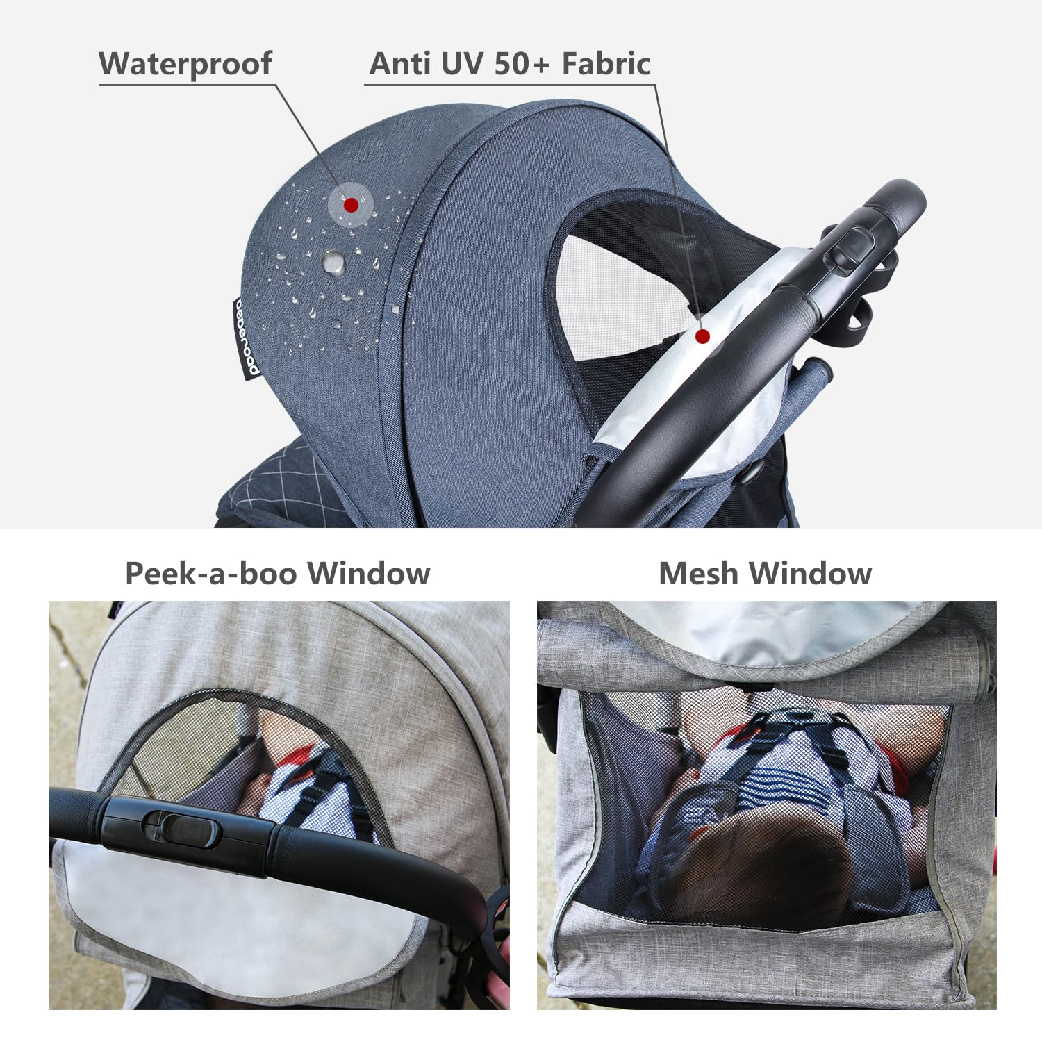 Beberoad Love UPF 50+ canopy provides sun protection during outdoor outings