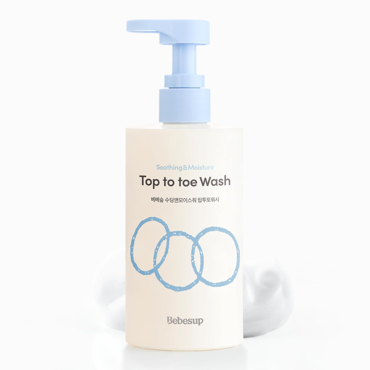 BEBESUP head-to-toe-wash-bottle-pour showcases gentle, pH-balanced cleansing for skin and hair.