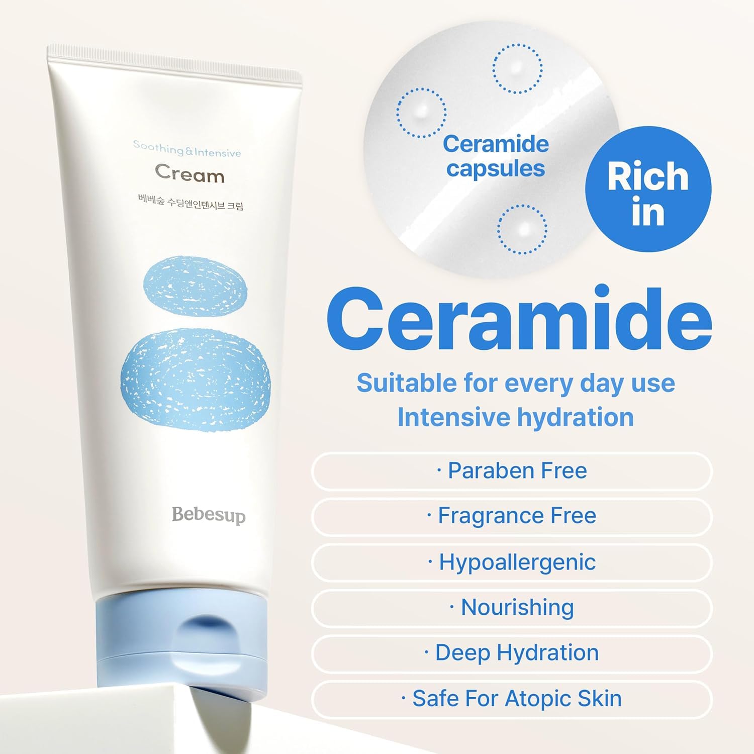 BEBESUP hypoallergenic baby care communicates safe, paraben-free protection for delicate skin.