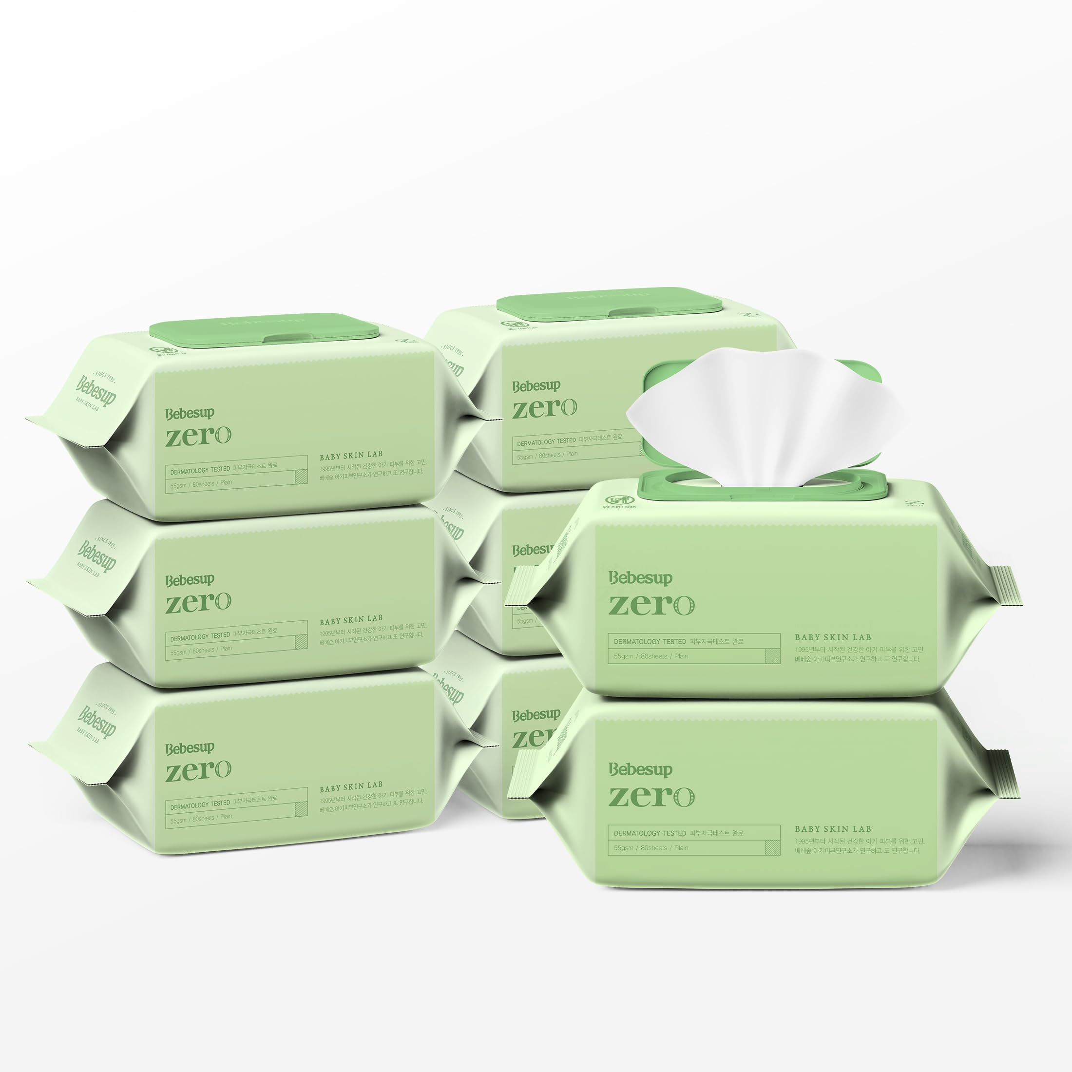 BEBESUP Zero Wipes flip-top packaging highlights durable 55 GSM for quick cleanups.