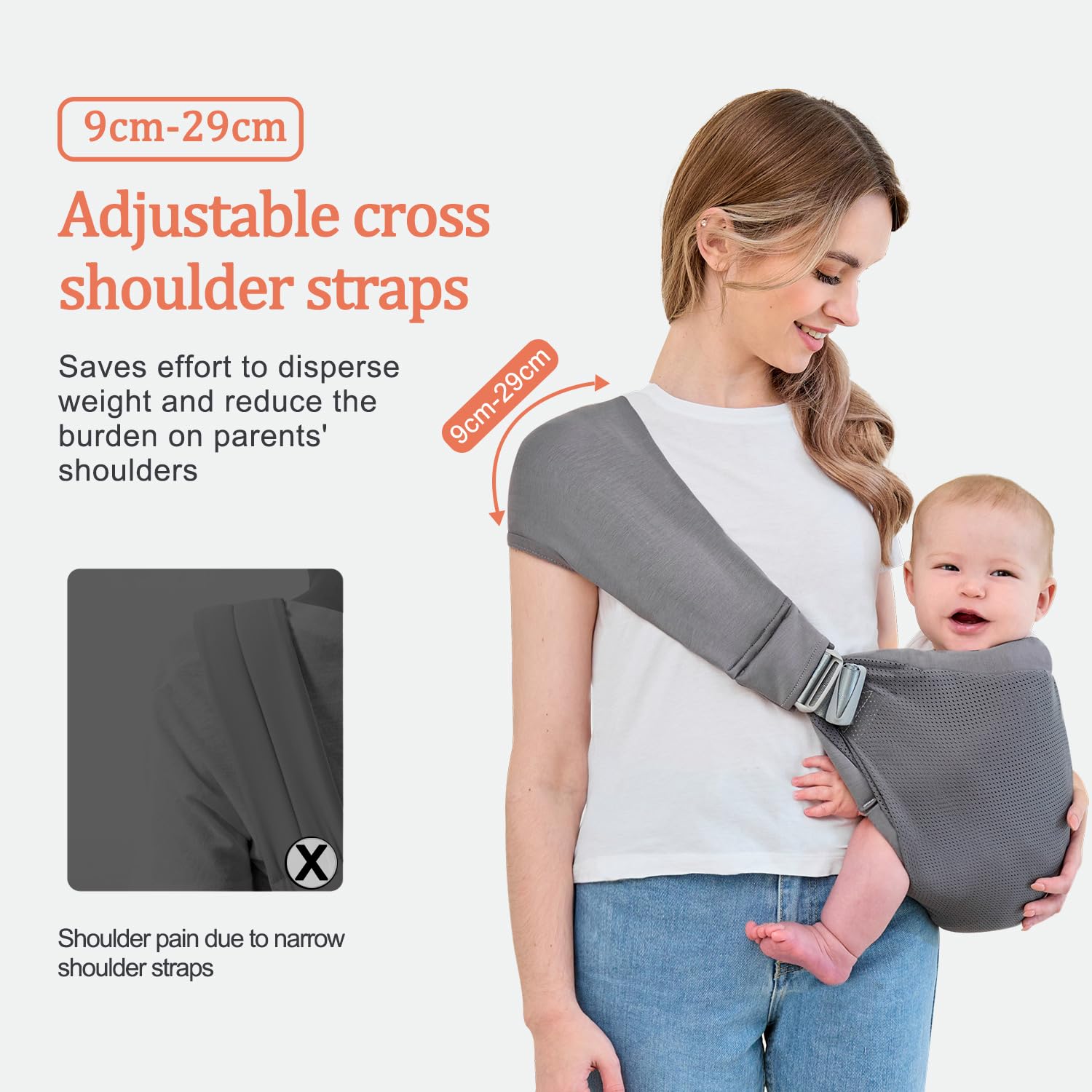 bebless baby carrier back view in dark grey demonstrating hands-free convenience.