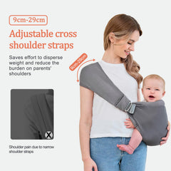 bebless baby carrier back view in dark grey demonstrating hands-free convenience.