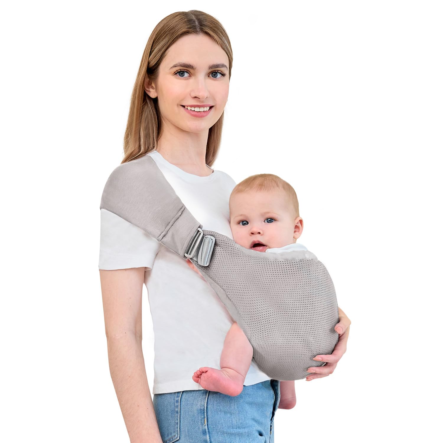 bebless baby carrier front buckle secures safety for hands-free carrying