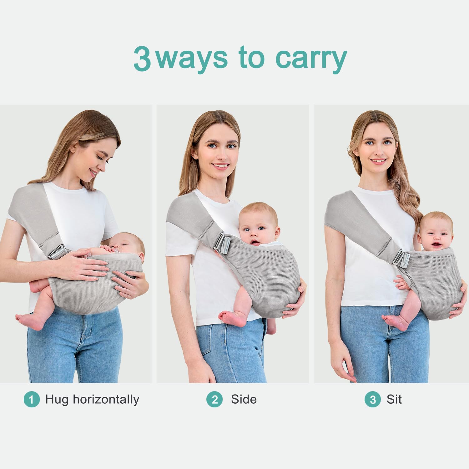 bebless baby carrier in-use with baby perched comfortably against you