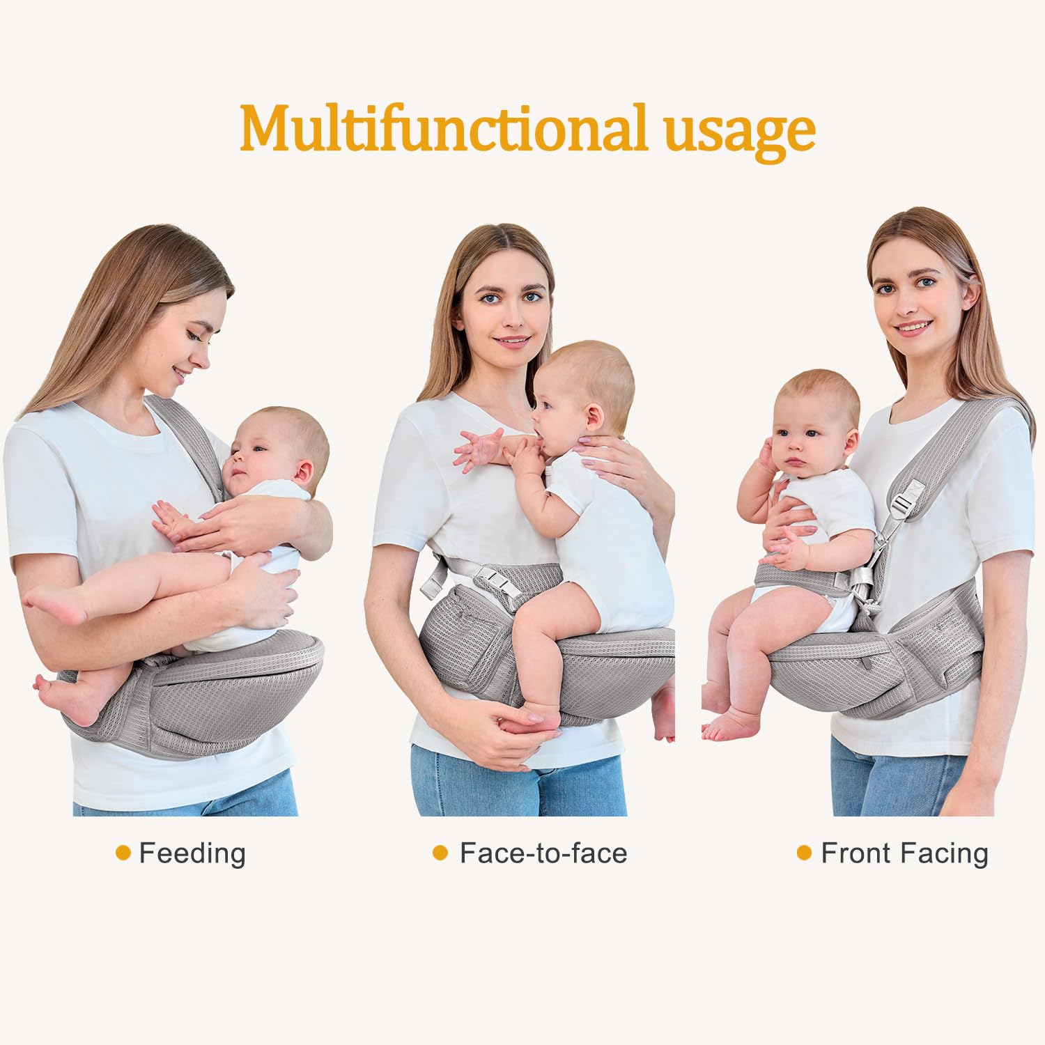 bebless Baby Hip Carrier supports growth from newborn to toddler weight range 8-45 lbs