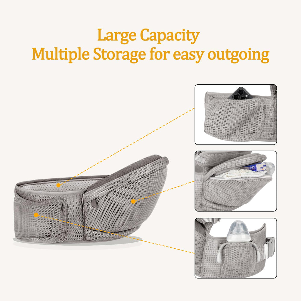 bebless Baby Hip Carrier features two side pockets and a large zippered pocket for essentials